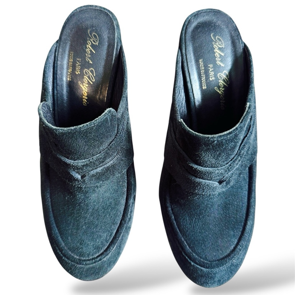 Robert Clergerie Blue Suede Mules with Moccasin Toe